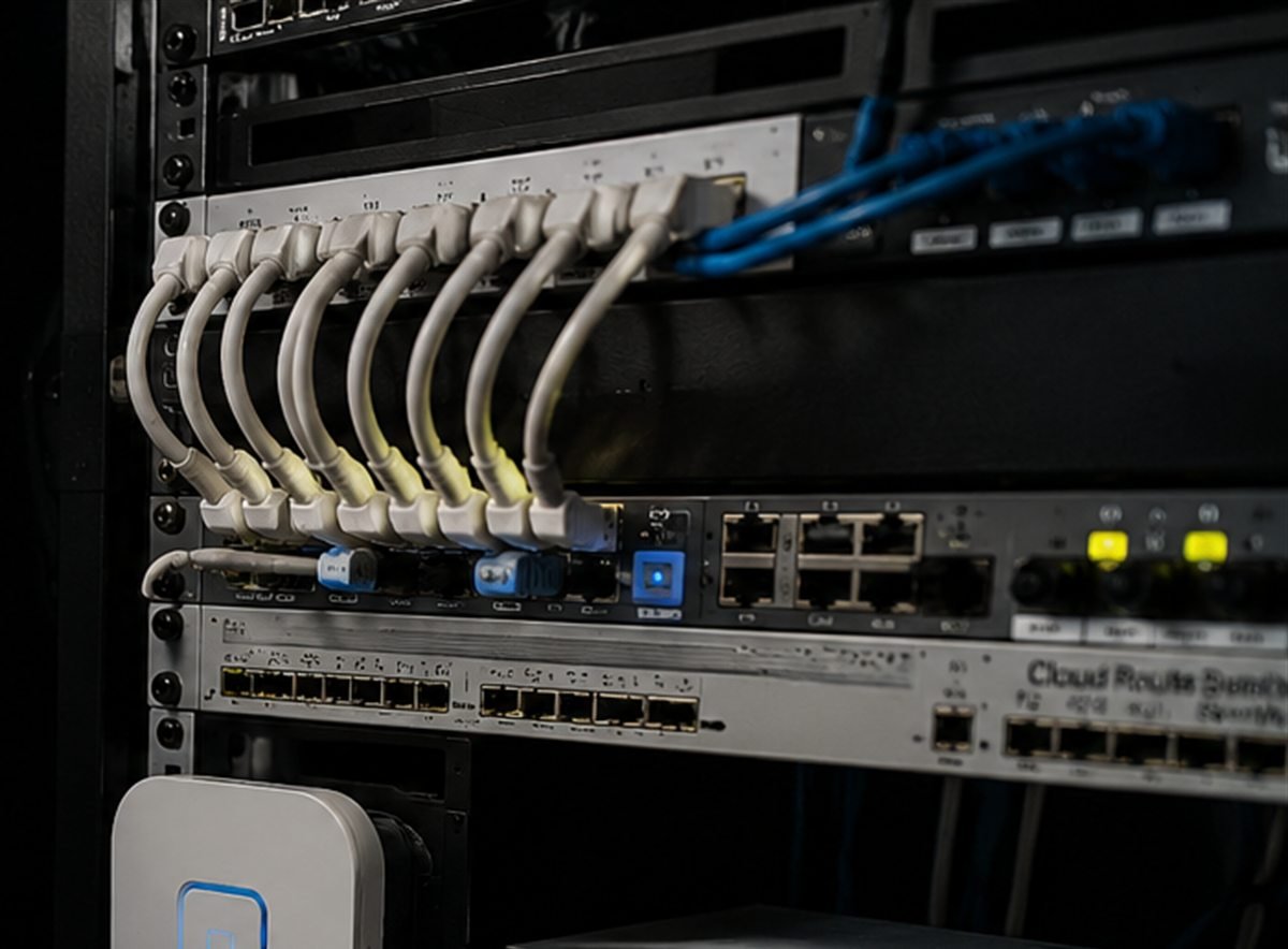 Rack kabin içinde switch, patch panel ve network ekipmanları